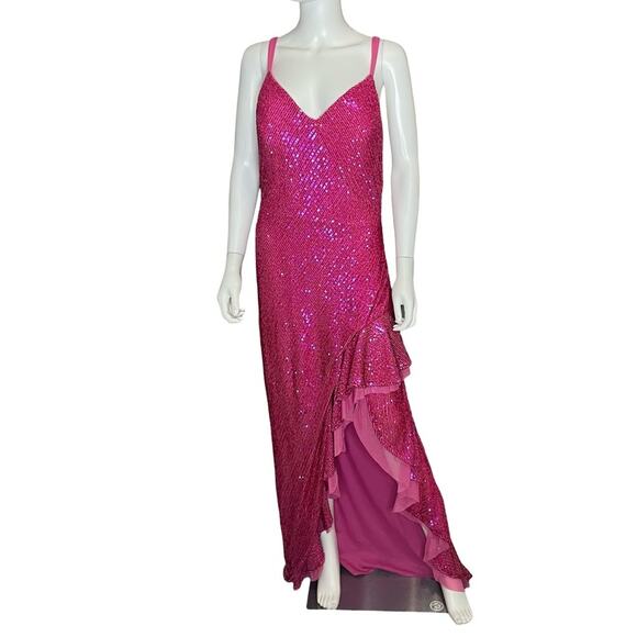 Morgan & Co. Spaghetti Strap V-Neck Ruffle Slit All Over Sequin Slim Gown Sz 13 - Picture 2 of 7